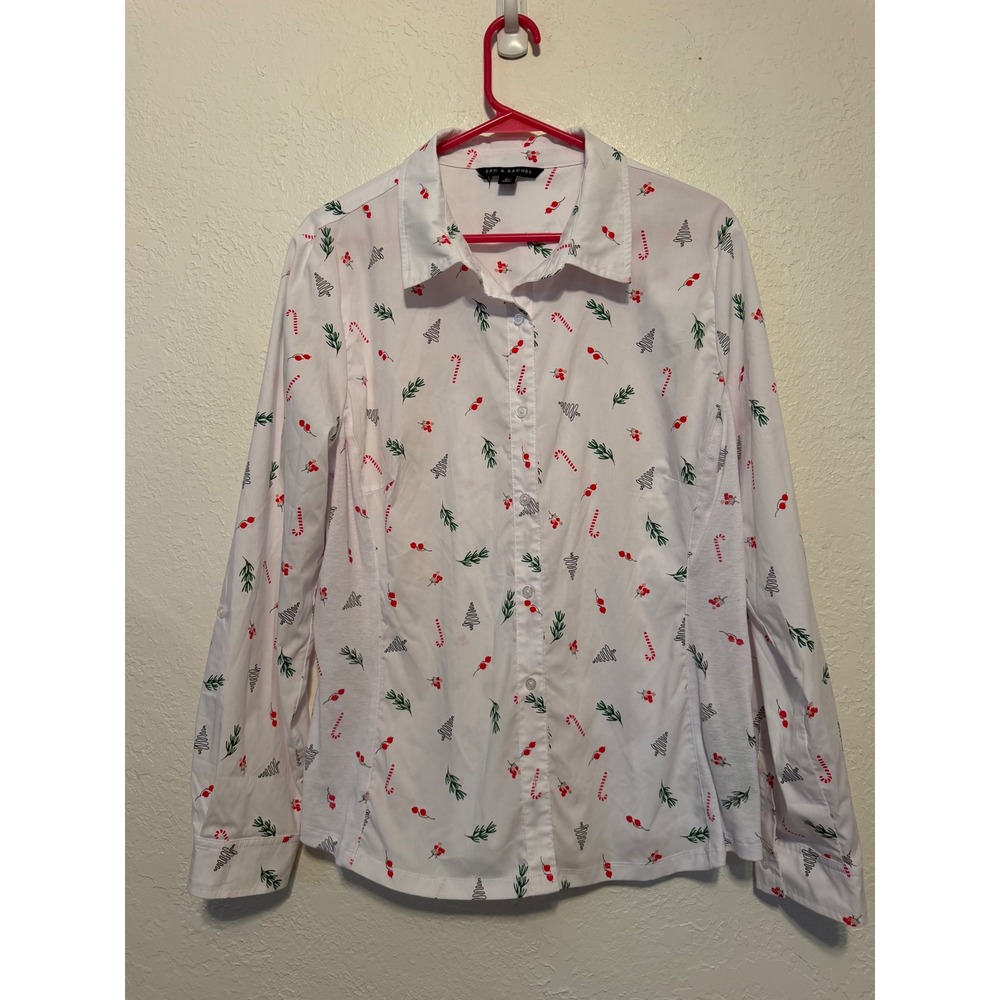 Zac & Rachel Womens XL Christmas Holiday Candy Cane Button Down Shirt White